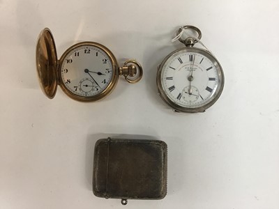 Lot 158 - Edwardian Gentleman's silver open faced pocket watch (Chester 1904), together with a Gentleman's gold plated full hunter pocket watch and a George V silver Vesta case (Birmingham 1921)