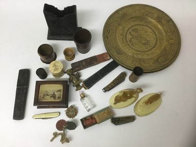Lot 28 - Sundry works of art including pair of Chinese brass dishes, pen knifes and razors, various treen, militaria and coins, leather case and sundries