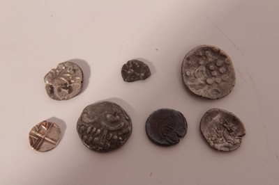 Lot 558 - Celtic - mixed silver coinage to include silver units x2, Durotiges billion staters x2, a silver half unit 'mini moons' type rare but edge damaged, a Celtic-Gaul unit AVF and a Marseilles wheel typ...