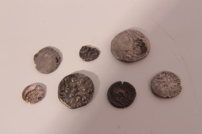 Lot 558 - Celtic - mixed silver coinage to include silver units x2, Durotiges billion staters x2, a silver half unit 'mini moons' type rare but edge damaged, a Celtic-Gaul unit AVF and a Marseilles wheel typ...