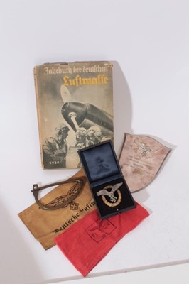 Lot 289 - Second World War Nazi German Pilot's badge, with narrow pin backing, makers mark on reverse, in box of issue together with a presentation plaque, book and two replica arm bands