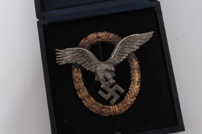 Lot 289 - Second World War Nazi German Pilot's badge, with narrow pin backing, makers mark on reverse, in box of issue together with a presentation plaque, book and two replica arm bands