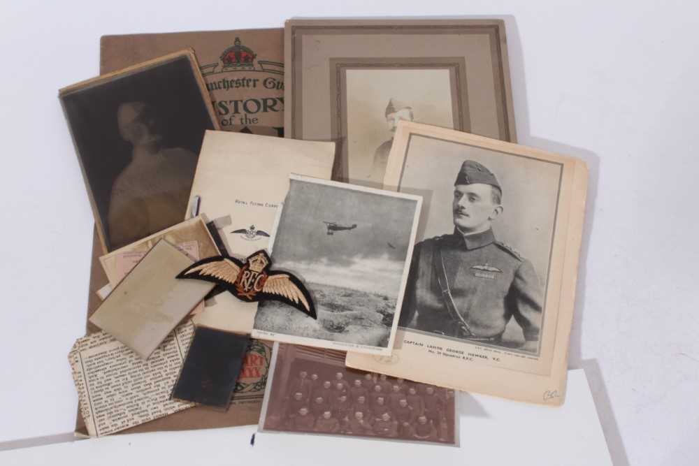 Lot 290 - Group of Royal Flying Corps photographs and ephemera together with a white metal mounted walking cane, the top engraved R.F.C.