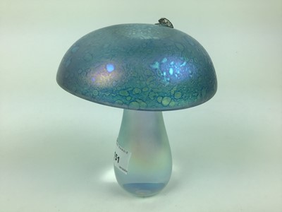 Lot 151 - John Ditchfield Glasform iridescent blue toadstool paperweight with silver frog, signed, 16cm high