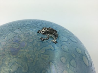 Lot 151 - John Ditchfield Glasform iridescent blue toadstool paperweight with silver frog, signed, 16cm high