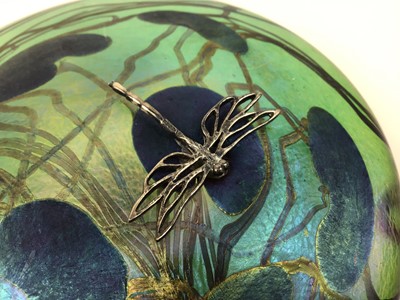 Lot 152 - John Ditchfield Glasform iridescent lily pad paperweight with silver dragonfly, signed, 13cm diameter