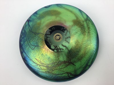 Lot 152 - John Ditchfield Glasform iridescent lily pad paperweight with silver dragonfly, signed, 13cm diameter