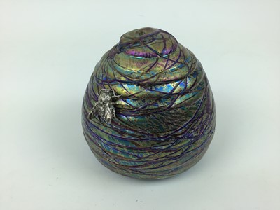 Lot 153 - John Ditchfield Glasform iridescent beehive paperweight with silver bee, signed, 9.5cm high