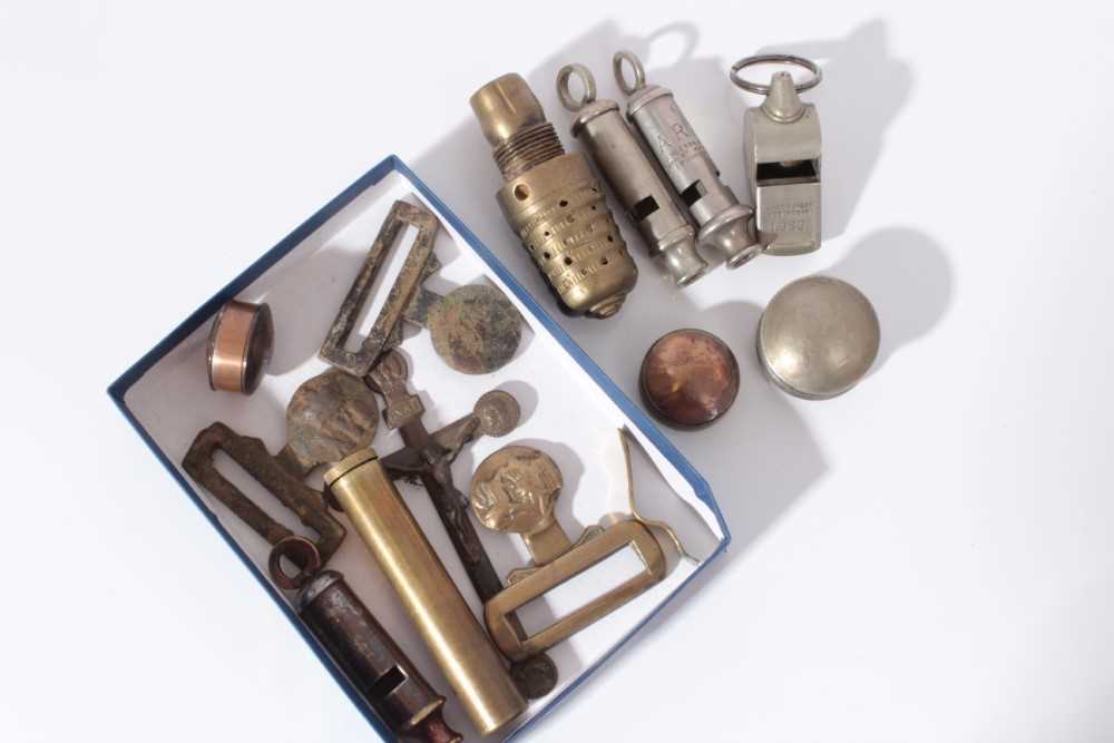 Lot 267 - Group of Trench Art coin set pill boxes together with various military whistles and other Trench Art items