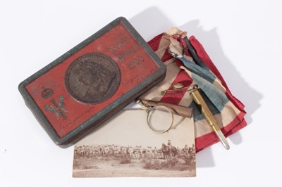Lot 266 - Boer War Chocolate Tin together with First World War Bullet pencil and other militaria