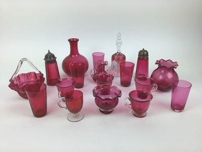 Lot 178 - Selection of Victorian cranberry glassware including bell, vases, beakers etc - 18 pieces