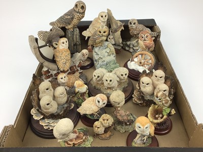 Lot 186 - Seventeen Border Fine Arts sculptures of owls including Tawny Owl On Wheel, Silent Sanctuary and Tawny Owl On Milestone
