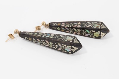 Lot 8 - Pair of 19th century piqué work earrings with mother of pearl floral decoration, 50mm length