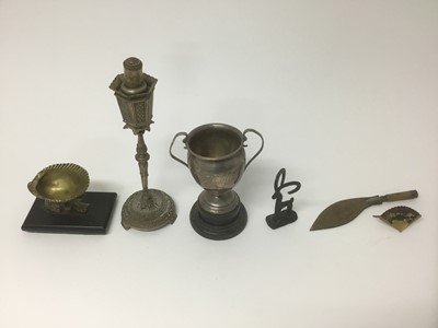 Lot 269 - Early 20th century novelty silver plated table lighter, silver trophy, trench art knife, bronze deer etc