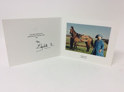 Lot 110 - H.M.Queen Elizabeth The Queen Mother , signed 1994 Christmas card with colour photograph of The Queen Mother with her winning race horse , signed ' From Elizabeth R '
