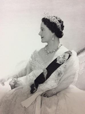 Lot 111 - H.M. Queen Elizabeth The Queen Mother , fine  1950s Cecil Beaton portrait photograph of The Queen wearing a beautiful ball gown , diamond tiara and Royal Family Orders and Garter star , Beaton stam...