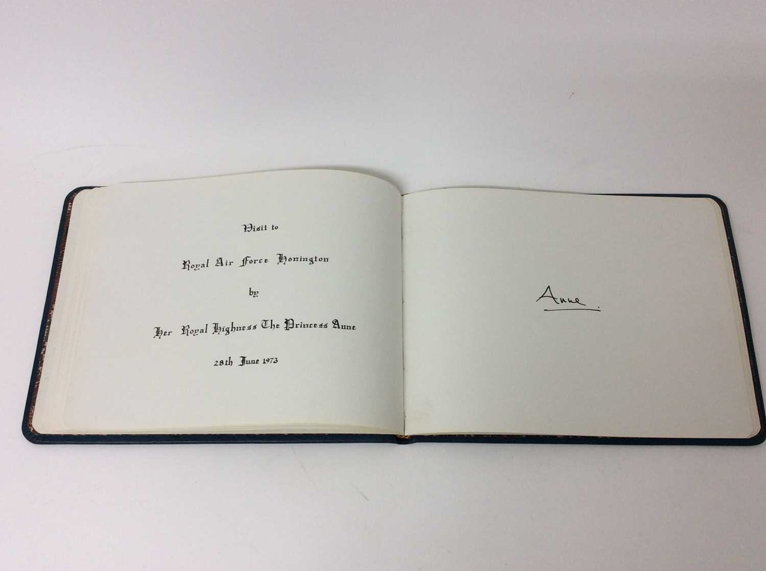 Lot 114 - H.R.H. Princess Anne The Princess Royal , signed visitors book  dated 28th June 1973 , in gilt tooled blue leather binding - the rest of the book pages empty.