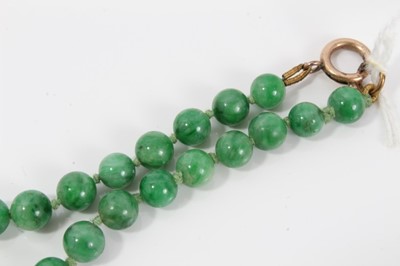 Lot 15 - Old Chinese jade/green hardstone bead necklace with a string of graduated spherical beads measuring approximately 6 to 9mm diameter, approximately 54cm length