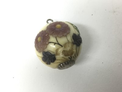 Lot 73 - Japanese carved ivory okimino of a rat on a pile of nuts, together with a Japanese shibyama bead and two animal groups