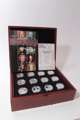 Lot 613 - Alderney - The Royal Mint Issued silver proof 'Great Britons' Twelve £5 coin set 2006 cased with Certificate of Authenticity (1 coin set)