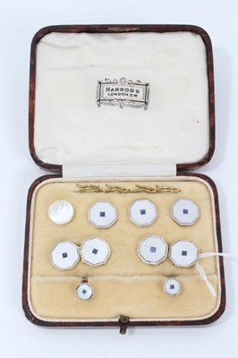 Lot 93 - Fine 1930s set of 9ct and 18ct gold, mother of pearl and sapphire set dress studs and pair cufflinks retailed by Harrods in original box complete with button fittings ( one button replaced )