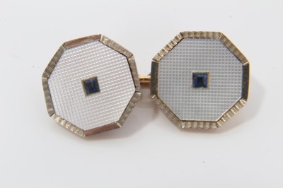 Lot 93 - Fine 1930s set of 9ct and 18ct gold, mother of pearl and sapphire set dress studs and pair cufflinks retailed by Harrods in original box complete with button fittings ( one button replaced )