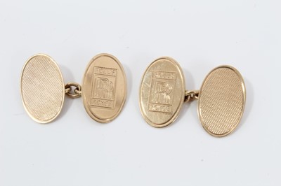 Lot 94 - Pair Gentleman's 9ct gold Rolls-Royce oval cufflinks with engraved logos and engine turned decoration.