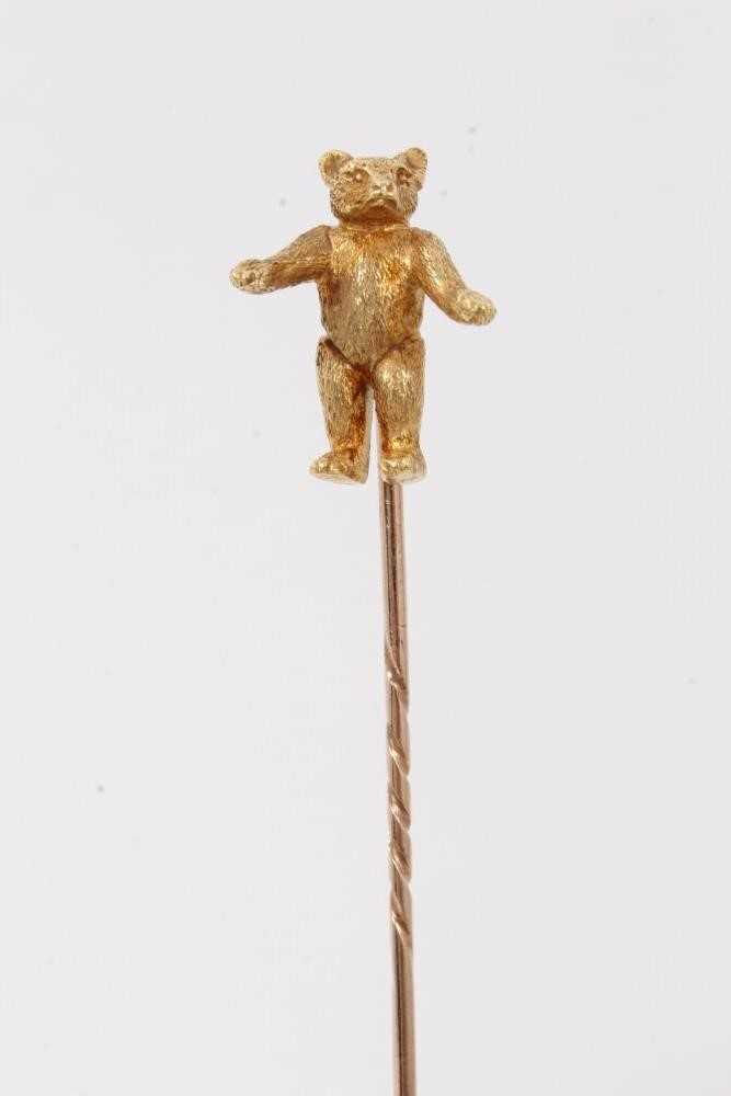 Lot 96 - Rare early 20th century gold teddy bear stickpin, the bear with long limbs and beautifully detailed with spiral twist pin fitting - probably a special commission .