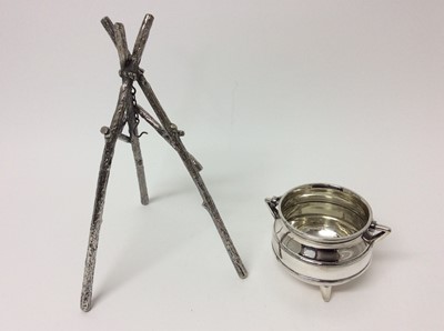 Lot 180 - Unusual Victorian Silver plated novelty dish in the form of a cauldron, with swing handle suspended on a stand modelled as a tripod made of branches, underside of cauldron with plater's marks, 24.5...