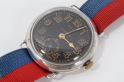 Lot 99 - First World War Officers Mappin ' Campaign' wristwatch with black and gilt dial , Swiss 15 jewel movement in circular silver case with engraved leopard head crest and monogram to the cuvet cover on...