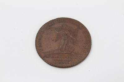 Lot 104 - Scarce Georgian Auctioneers token with arm with gavel crest ' Going a going 1795' and ' Payable at Charles Guests Auctioneer Bury, 27 mm