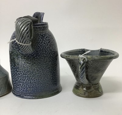 Lot 212 - Four Jane Hamlyn studio pottery salt glazed jugs, smallest 9.5cm high, tallest 19cm high