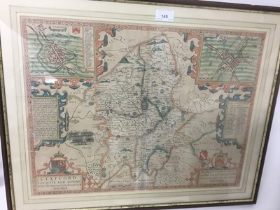 Lot 145 - John Speede, 17th century hand coloured engraved map of 'Stafford Countie and Towne' with plans of Stafford and Lichfield, 38cm x 50cm, glazed frame