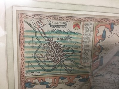 Lot 145 - John Speede, 17th century hand coloured engraved map of 'Stafford Countie and Towne' with plans of Stafford and Lichfield, 38cm x 50cm, glazed frame