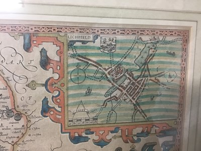 Lot 145 - John Speede, 17th century hand coloured engraved map of 'Stafford Countie and Towne' with plans of Stafford and Lichfield, 38cm x 50cm, glazed frame