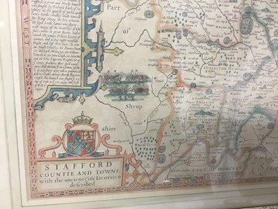 Lot 145 - John Speede, 17th century hand coloured engraved map of 'Stafford Countie and Towne' with plans of Stafford and Lichfield, 38cm x 50cm, glazed frame