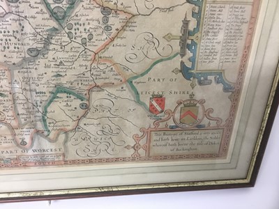 Lot 145 - John Speede, 17th century hand coloured engraved map of 'Stafford Countie and Towne' with plans of Stafford and Lichfield, 38cm x 50cm, glazed frame
