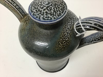 Lot 599 - Five pieces of Rebecca Harvey salt glazed studio pottery including coffee pot with lid, 16.5cm high, three cups, 7cm high and jug 13.5cm high