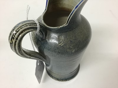 Lot 599 - Five pieces of Rebecca Harvey salt glazed studio pottery including coffee pot with lid, 16.5cm high, three cups, 7cm high and jug 13.5cm high