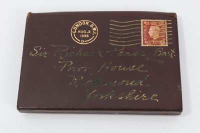 Lot 109 - Rare 1930s Dunhill leather novelty cigarette case in the form of a letter with gilt embossed address ' Sir Richard Pease Bart.,Prior House, Richmond , Yorkshire , stamp to corner and London postmar...