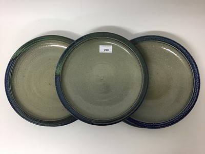 Lot 220 - Five Jane Hamlyn blue/green rimmed salt glazed studio pottery plates, 26.5cm diameter