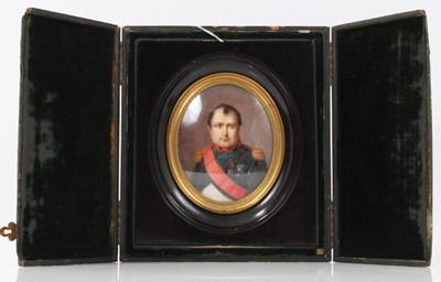 Lot 115 - Napoleon Bonaparte - fine 19th century minature on ivory portrait of The French Emperor in uniform and wearing Orders and decorations dated in border ' 10 Mai 1815' in original ebonised and gilt me...