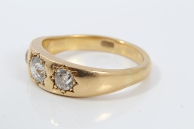 Lot 36 - Victorian diamond three stone gypsy ring with three old cut diamonds in star shape gypsy setting on plain tapered shank. Estimated total diamond weight approximately 0.75cts.
