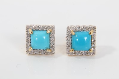 Lot 42 - Pair of turquoise and diamond cluster earrings, each with a central square turquoise cabochon surrounded by as square border of brilliant cut diamonds in 18ct gold setting. Hallmarked London 2002....