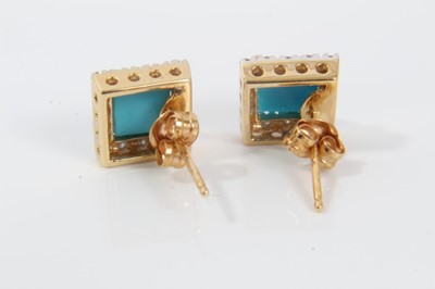 Lot 42 - Pair of turquoise and diamond cluster earrings, each with a central square turquoise cabochon surrounded by as square border of brilliant cut diamonds in 18ct gold setting. Hallmarked London 2002....