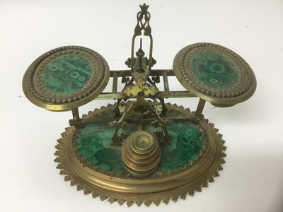 Lot 170 - Victorian gothic malachite and brass postal scales, oval form, 20cm wide
