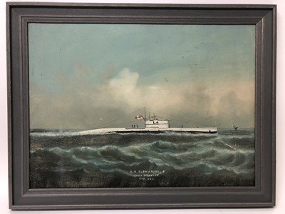 Lot 121 - Rare 1920s Hong Kong School gouache on board of the First World War British Submarine H.M.S. L4 , titled ' H.M.Submarine L.4. China Station 1919,1920' in modern grey painted frame. 51 x 66.5 cm ove...