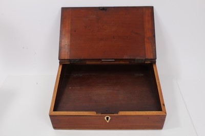 Lot 124 - George III inlaid mahogany writing slope with fine rosewood crossbanding , original tooled leather line slope, interior compartment and side drawer 29 cm wide, 23 cm deep, 11 cm high