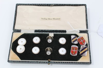 Lot 126 - Pair 1930s Colchester Royal Grammer School silver and enamel armorial  cufflinks and some dress studs in a fitted box.