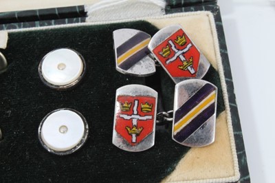 Lot 126 - Pair 1930s Colchester Royal Grammer School silver and enamel armorial  cufflinks and some dress studs in a fitted box.